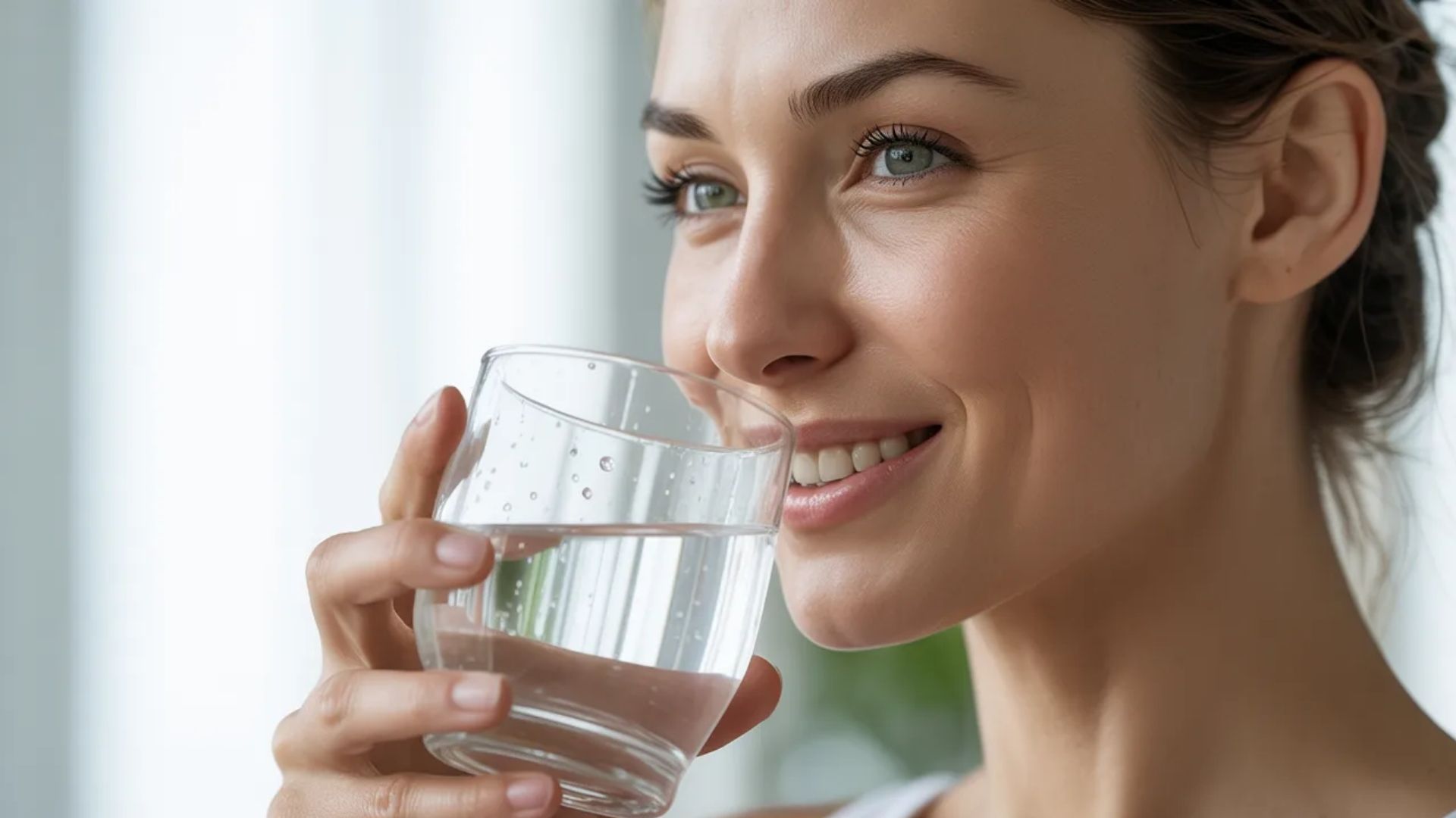 4. A woman sipping water from a clear glass, looking refreshed and hydrated.