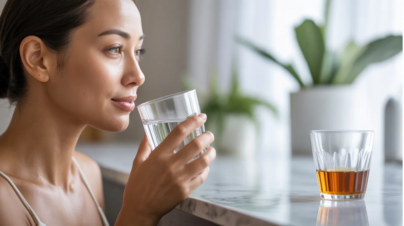 A woman sipping water from a clear glass, looking refreshed and hydrated.