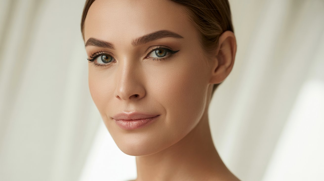 A woman with captivating green eyes and a lovely face, radiating grace.