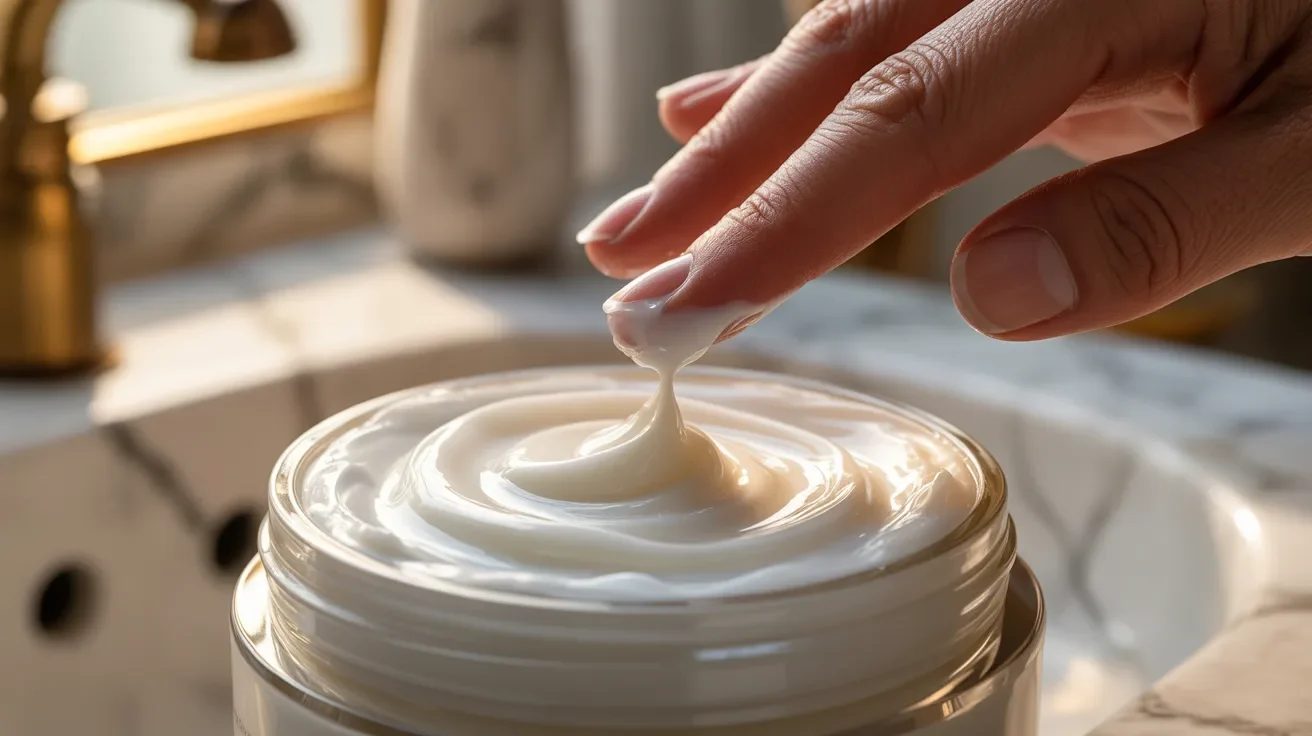 A hand grips a jar of cream on a bathroom sink, highlighting essential winter skin care advice.