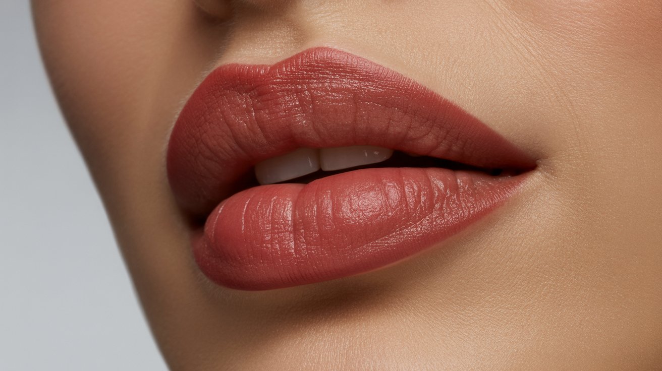 A detailed view of a woman's lips featuring a bold red lip color, emphasizing their smooth texture and fullness.