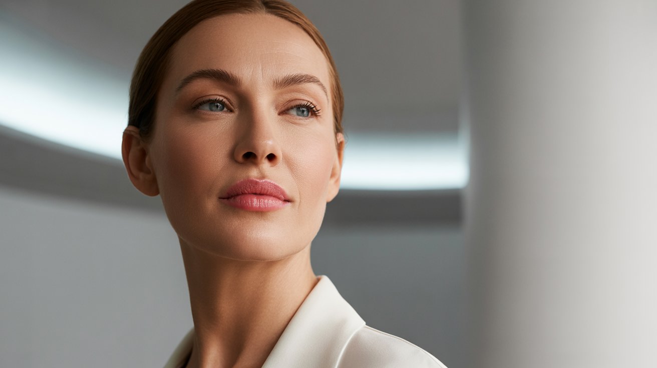 A woman in a white suit gazes upward, exuding confidence and poise.