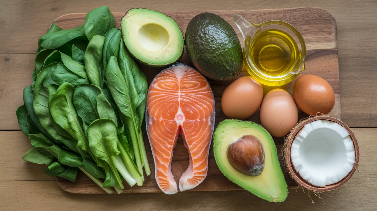 A variety of foods including fish, avocado, spinach, eggs, and coconut oil, illustrating a Candida diet for skin health.