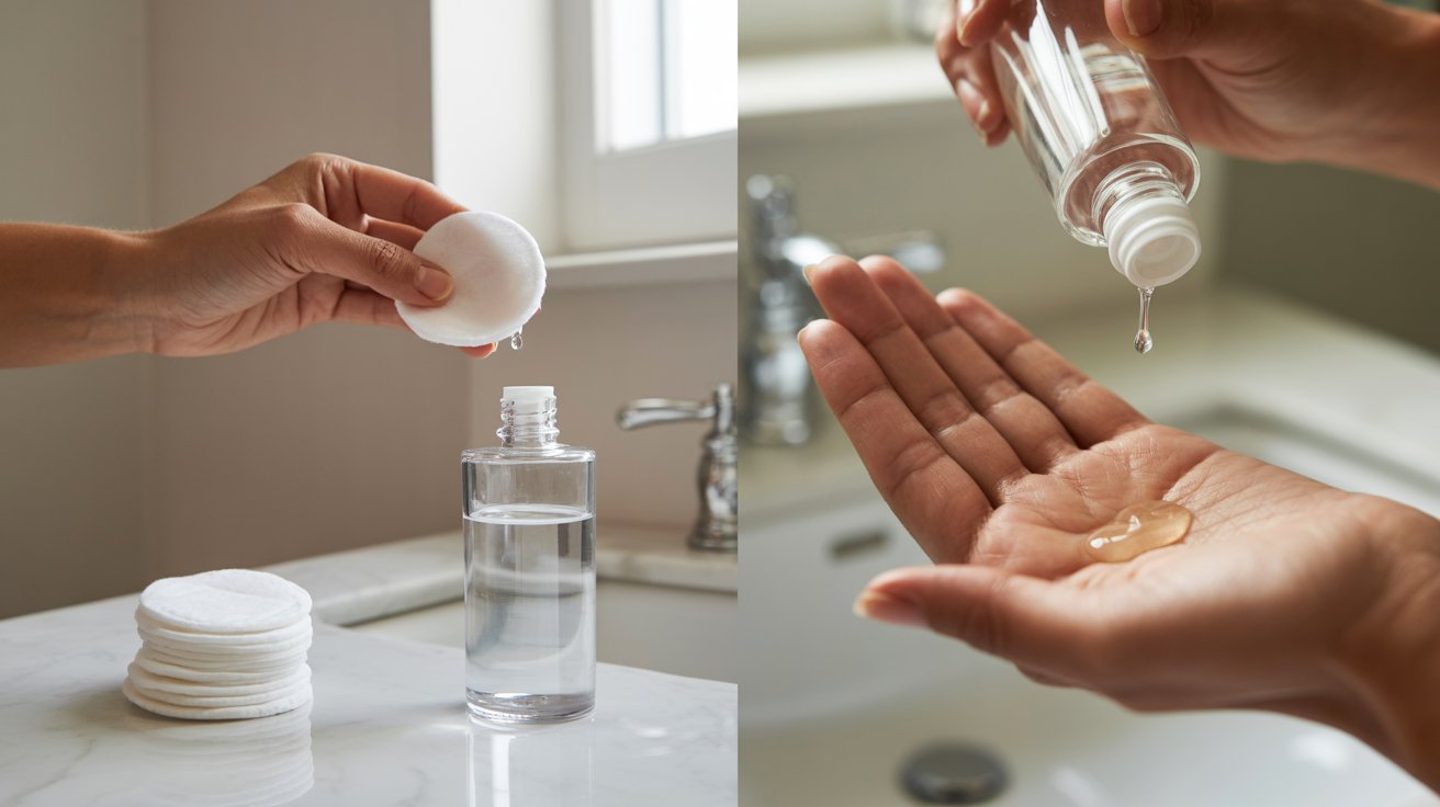 Two images of a person holding a bottle of hand sanitizer, demonstrating its use for hygiene and safety.