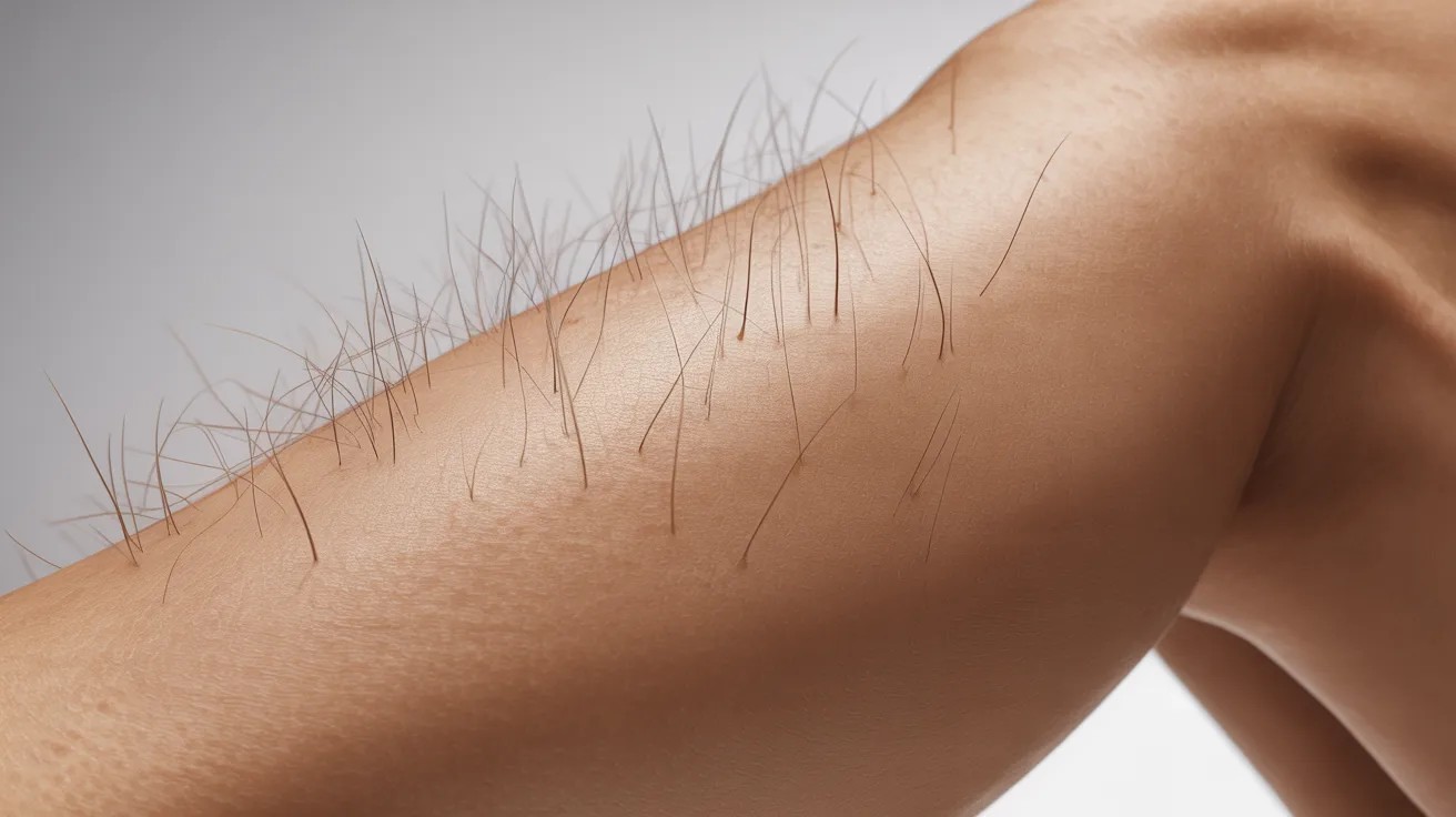 Close-up of a woman's hairy legs, illustrating the topic of waxing duration and hair removal expectations.
