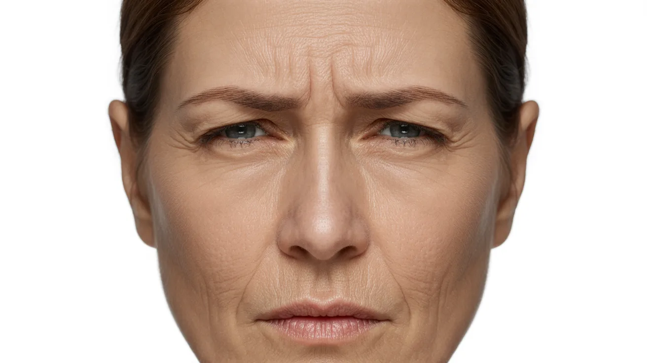 A close-up of a woman’s face showing prominent glabellar lines, also known as frown lines, highlighting her wrinkles.