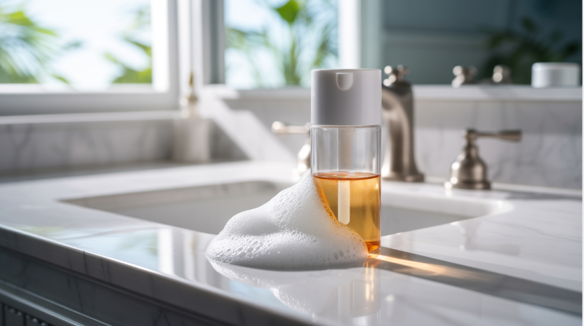A bottle of liquid Salicylic Acid on a bathroom sink, with a clean and organized appearance.