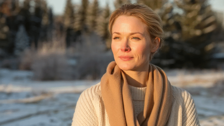 A woman in a winter coat stands in a snowy landscape, surrounded by a serene winter scene.