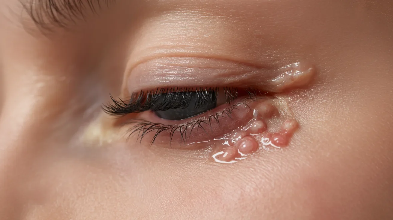 A close-up of a woman's eye featuring numerous white spots on the iris and surrounding area.