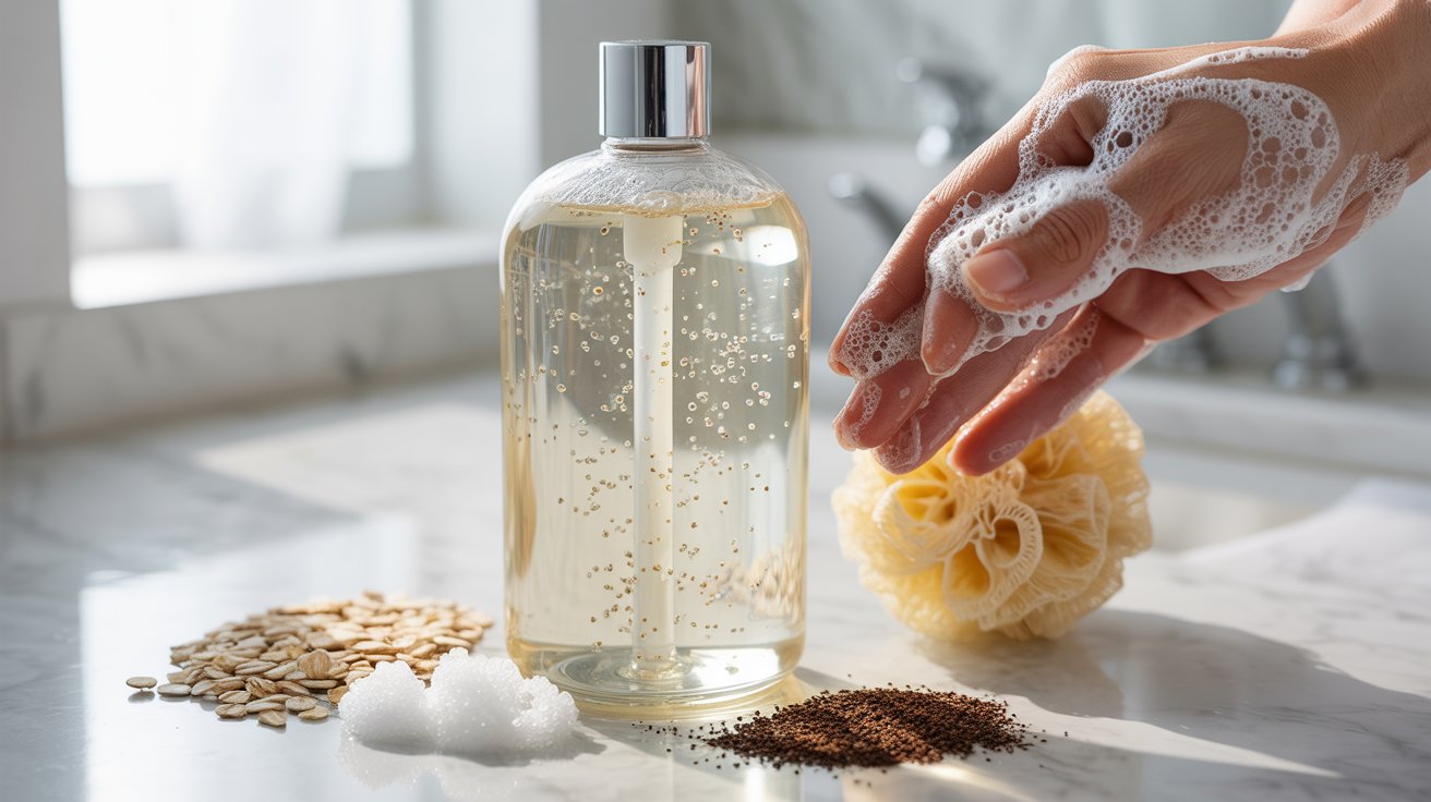 A person washing their hands with soap, using a bottle of liquid soap for effective hand hygiene.