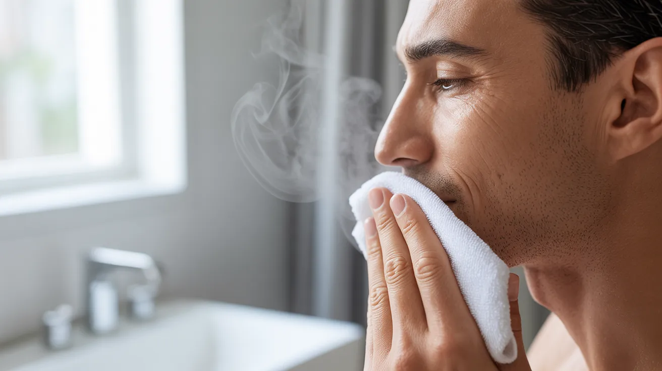 A man is using a towel to wipe his face, appearing refreshed and focused.
