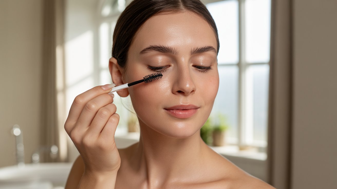 A woman applies mascara to her eyelashes, enhancing her eye makeup with a focused expression.