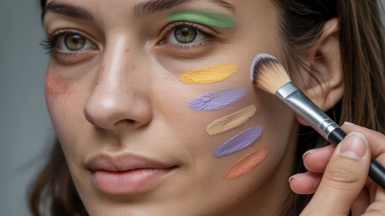 A woman applies makeup to her face using a brush, focusing on her cheek area with a mirror in front of her.