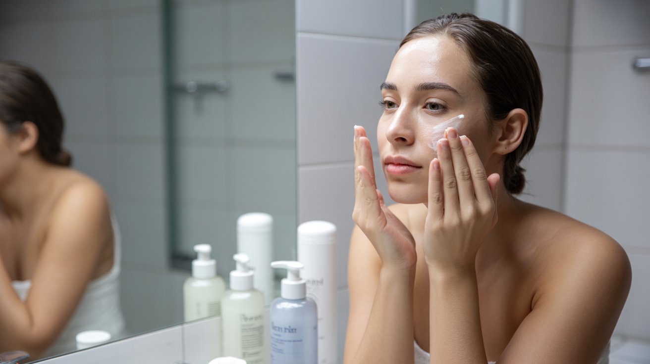 A woman applies cream to her face while looking into a mirror, focusing on her skincare routine.