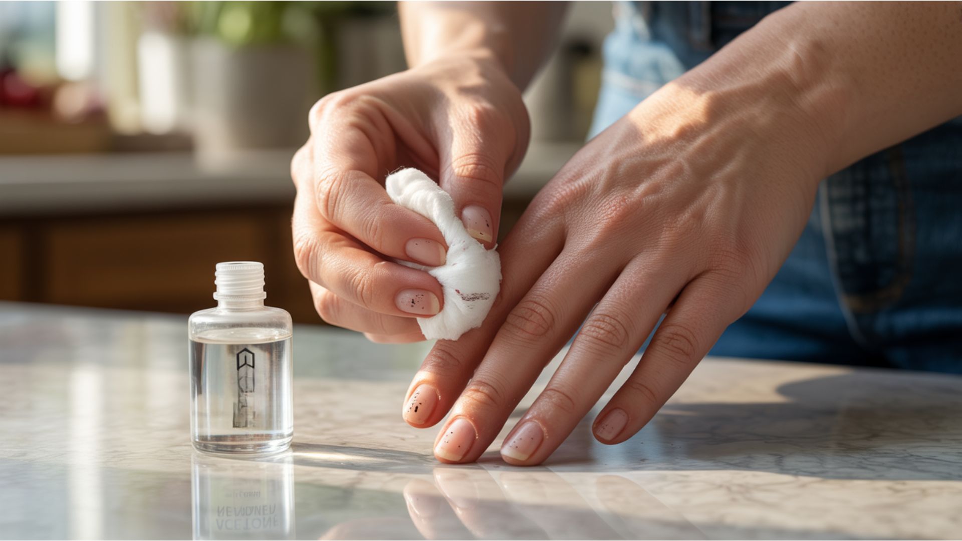 A person sanitizes a counter surface using a bottle of hand sanitizer, ensuring cleanliness and hygiene.