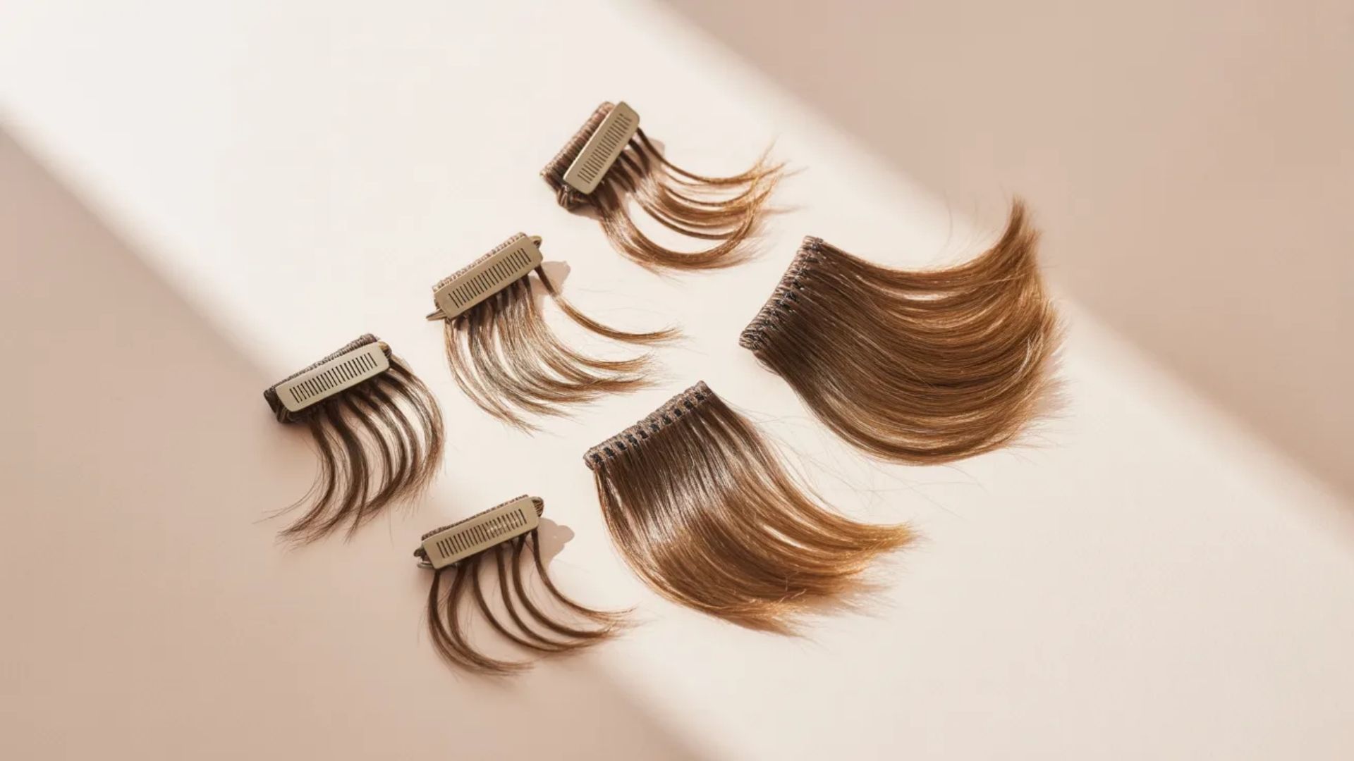 Hair extensions displayed on a white surface, showcasing various lengths and colors for styling options.