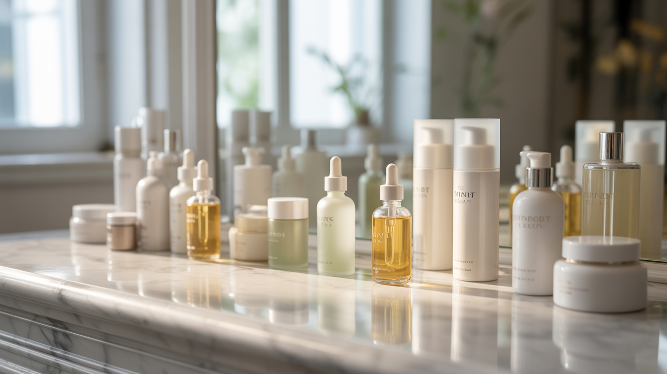 An assortment of beauty products displayed on a counter, featuring bottles, jars, and makeup items.