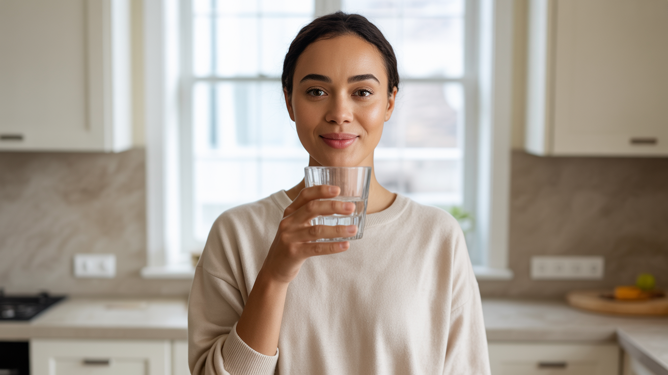 In a kitchen, a woman holds a glass of water, appearing refreshed and engaged in her surroundings.