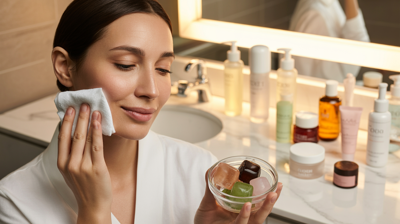 A woman gently cleans her face with a facial wipe, focusing on her skincare routine.