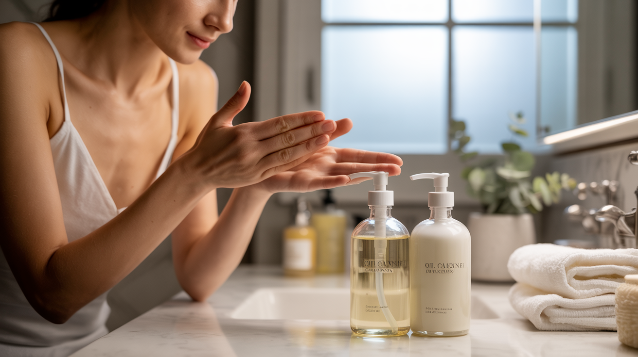 A woman is washing her hands with soap and applying lotion for hydration.
