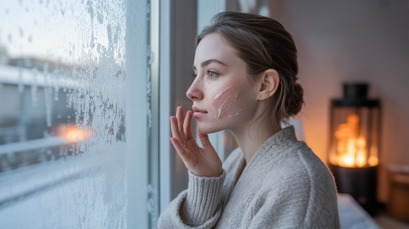 A woman gazes out a frosty window, her face adorned with frost, illustrating winter skin care challenges.