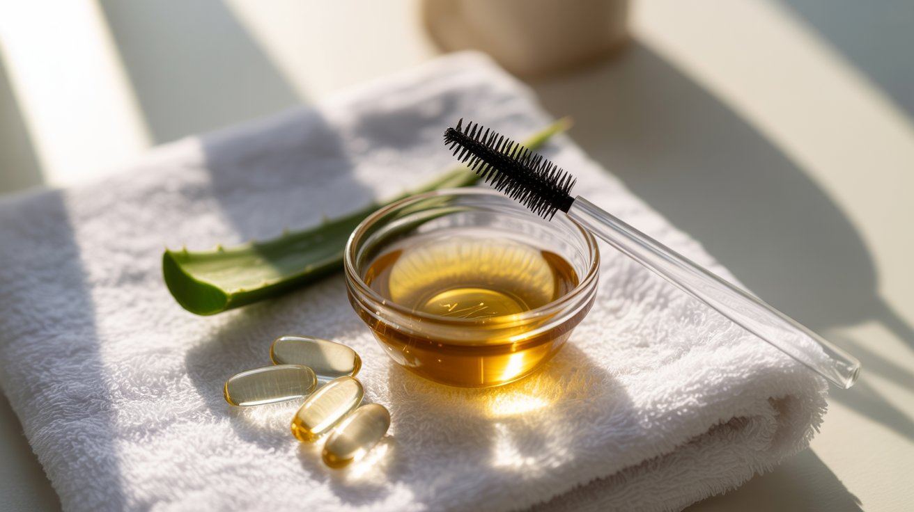 Aloe vera oil alongside vitamin supplements displayed on a towel, highlighting natural health and beauty essentials.