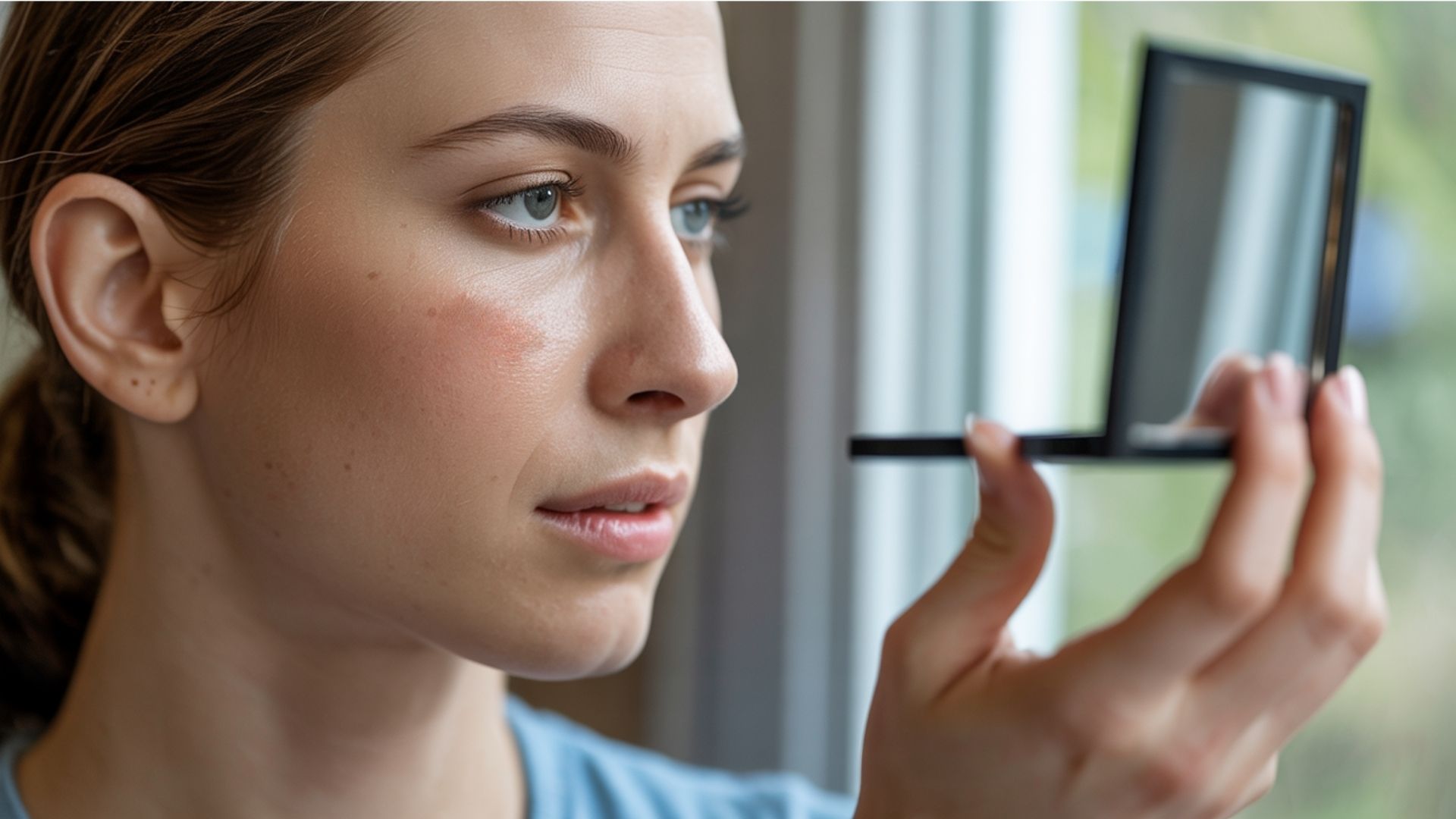 A woman gazes thoughtfully at her reflection in a mirror, contemplating her appearance.