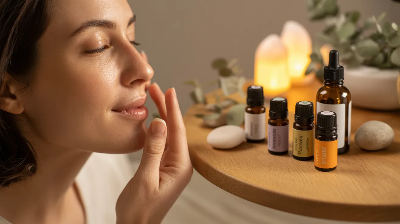 A woman examines her face while holding essential oils, focusing on skincare and self-care practices.