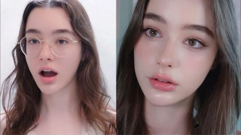 Two images of a woman wearing glasses, displayed side by side, showcasing different expressions or poses.