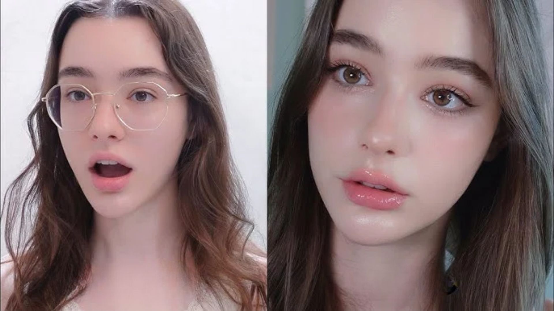 Two images of a woman wearing glasses, displayed side by side, showcasing different expressions or poses.