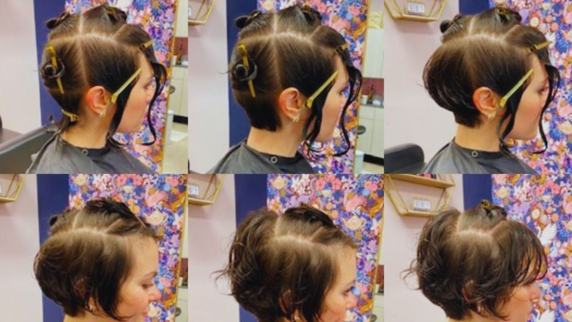 A woman with short hair is depicted in various stages of her hairstyle transformation.