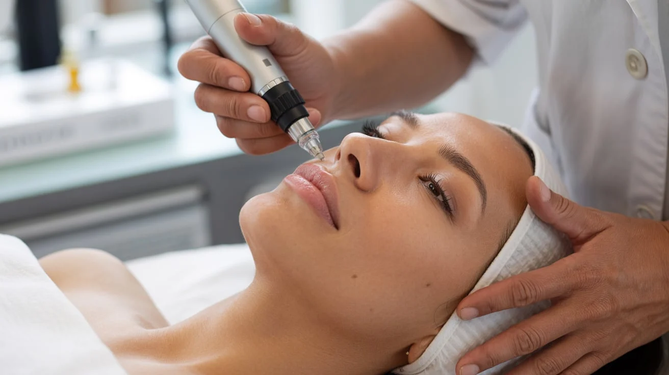 A woman receiving a facial treatment using a specialized machine in a serene spa environment.