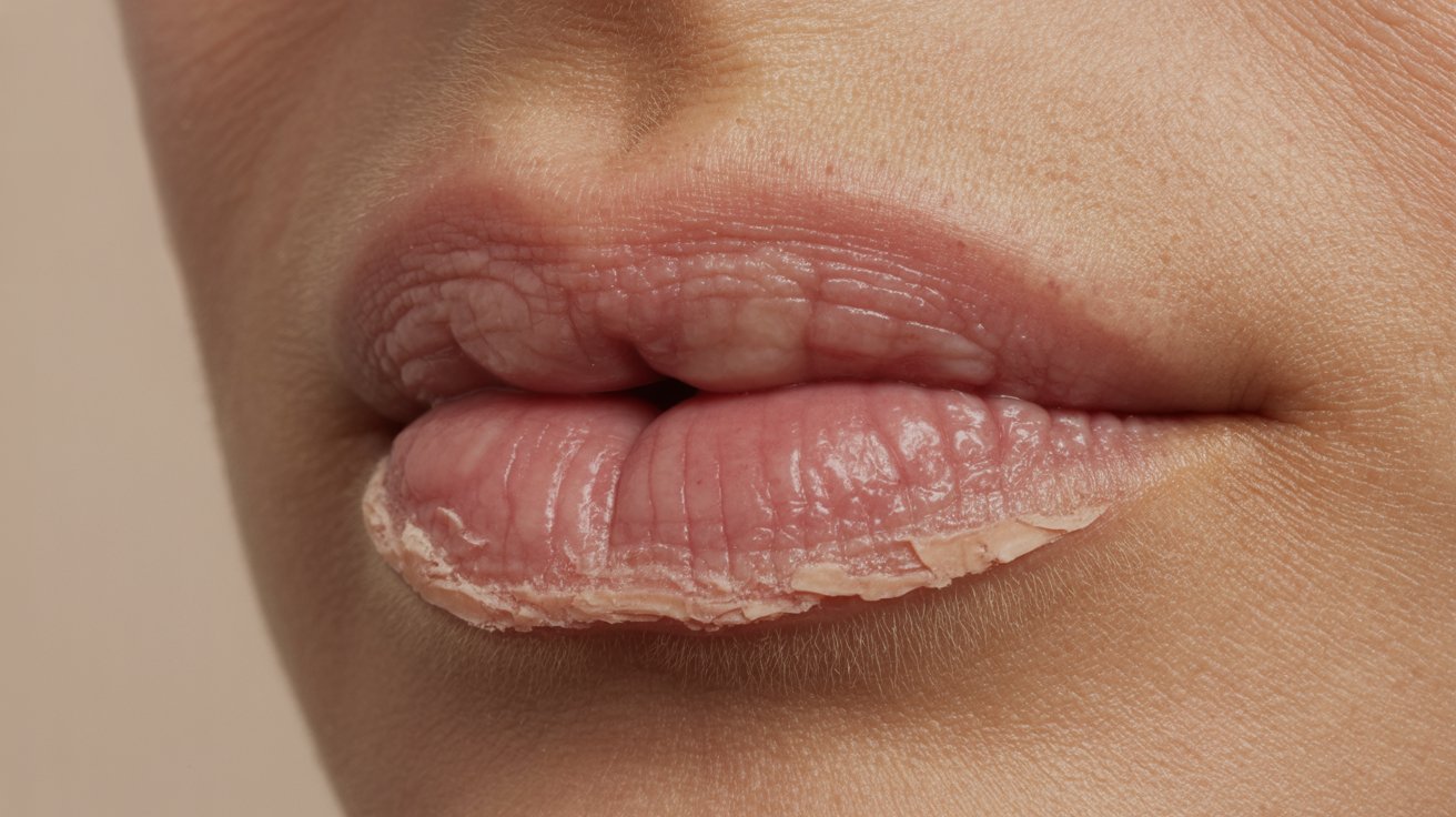 A close-up of a woman's lips with a small piece of skin resting on them, highlighting texture and detail.