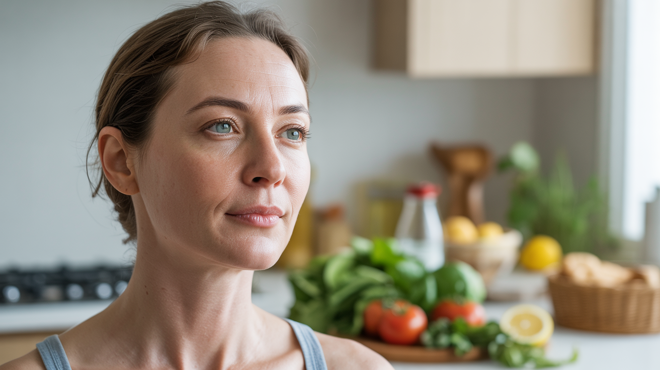 A woman prepares fresh vegetables and fruit in a bright kitchen, surrounded by colorful produce on the counter.