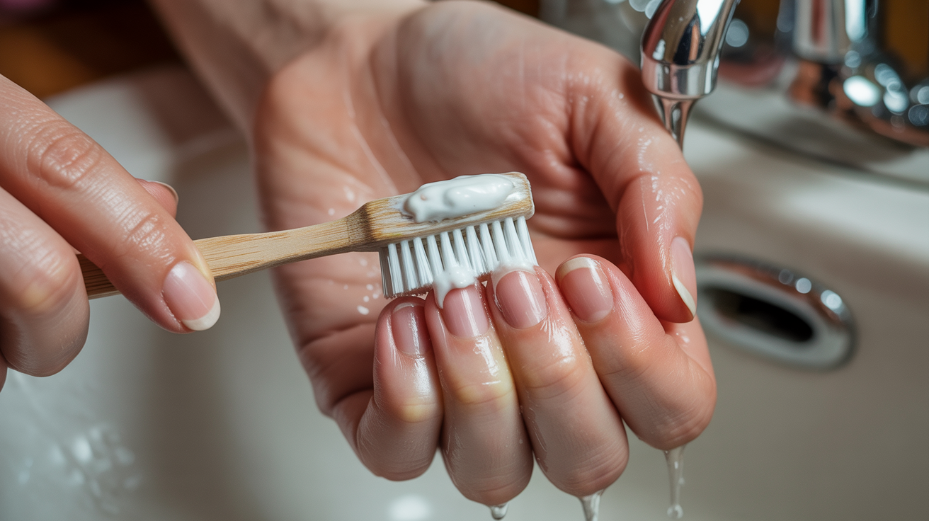 hand grasping a toothbrush and a tube of toothpaste, indicating preparation for brushing teeth.