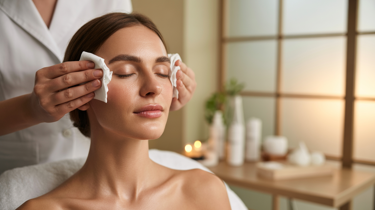 A woman receiving a facial treatment at a serene spa, relaxing on a treatment table with soothing ambiance around her.