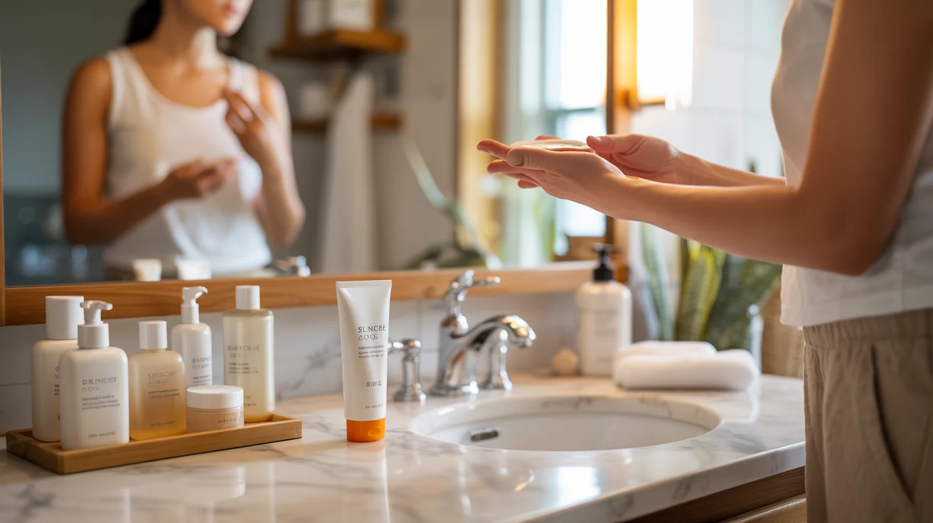 A woman holds a bottle of lotion in front of a bathroom sink, ready to apply it for skincare.