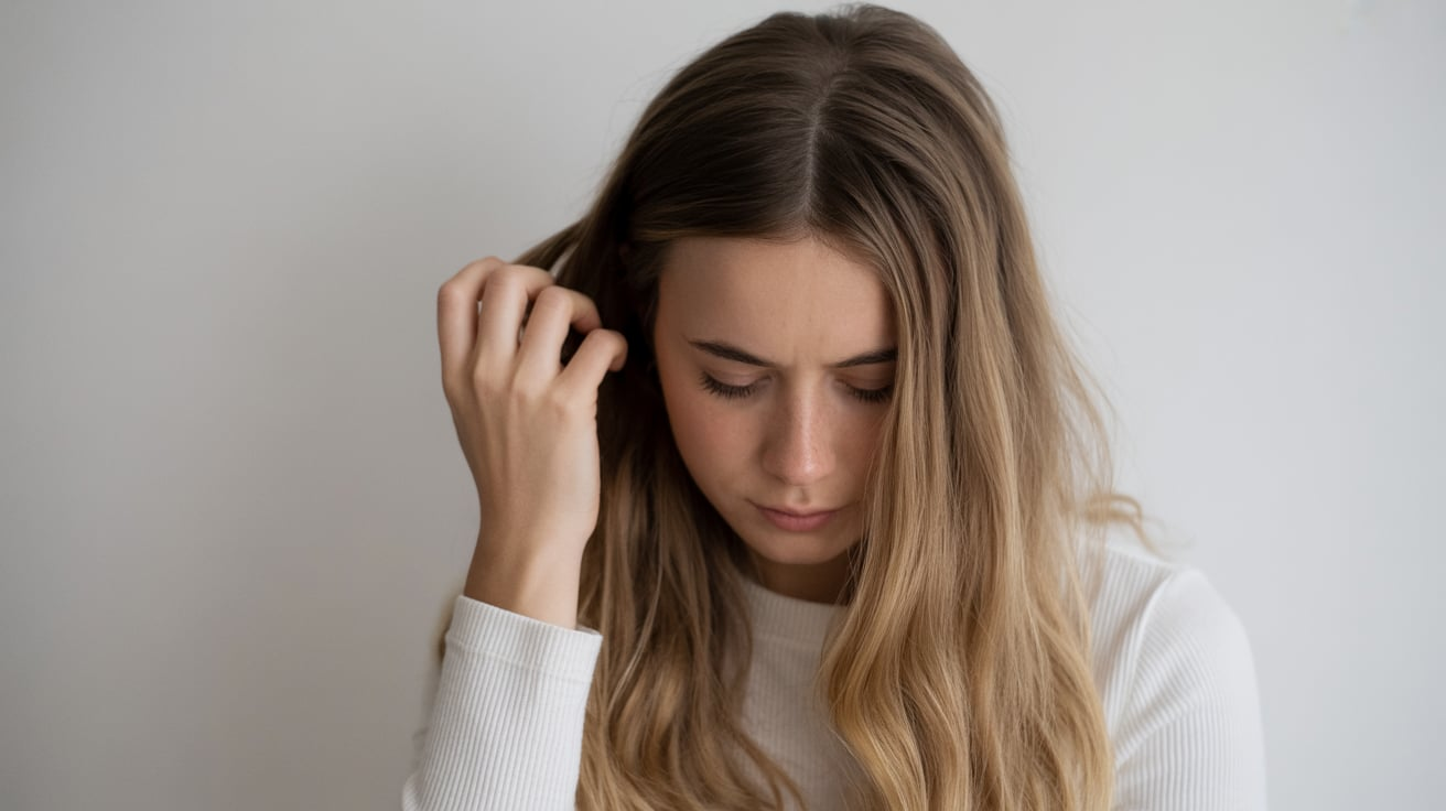 A woman with long hair sitting on a white background, presenting a minimalist and tranquil aesthetic.
