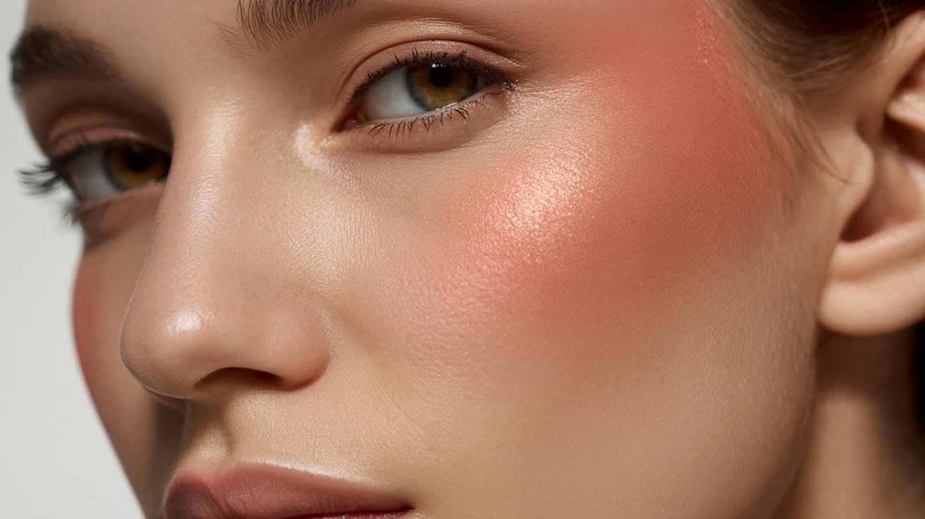 A woman with a delicate pink blush on her face, exuding a cheerful and vibrant expression.
