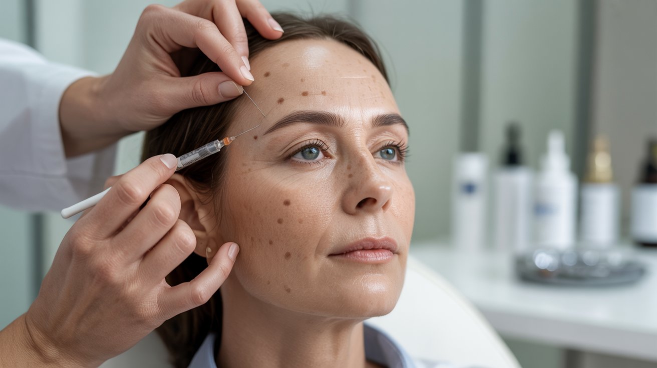 A woman undergoing a cosmetic treatment by a doctor in a professional environment.