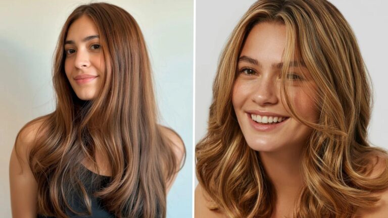 Two images of a woman: one with long hair and another with a short haircut, showcasing different hairstyles.