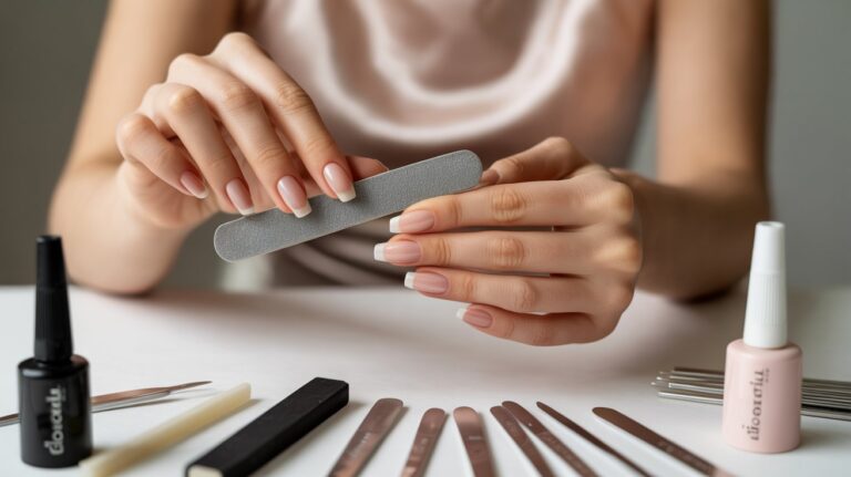 Two hands filing elegant nails with a gray nail file, surrounded by assorted manicure tools and nail polish bottles on a white surface.
