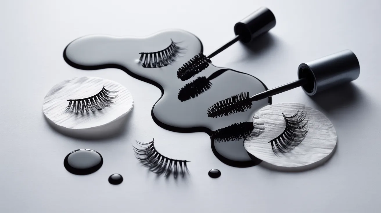 Mascara wands and false eyelashes arranged artistically on a white surface with elegant black liquid shapes, conveying a sense of sophistication and glamour.