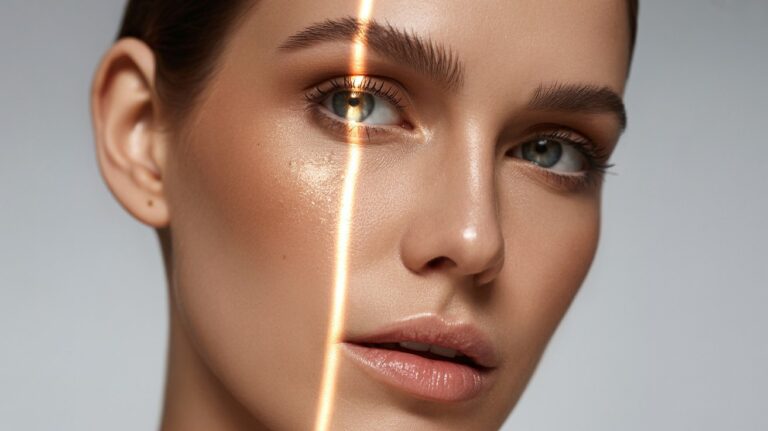 A woman with a radiant light on her face, enhancing her expression and creating a vibrant atmosphere.