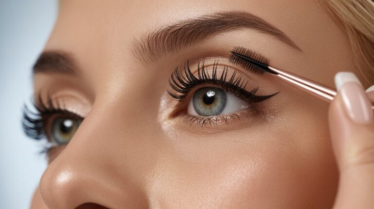 A woman carefully applies mascara to her eyelashes in front of a mirror, enhancing her eye makeup.