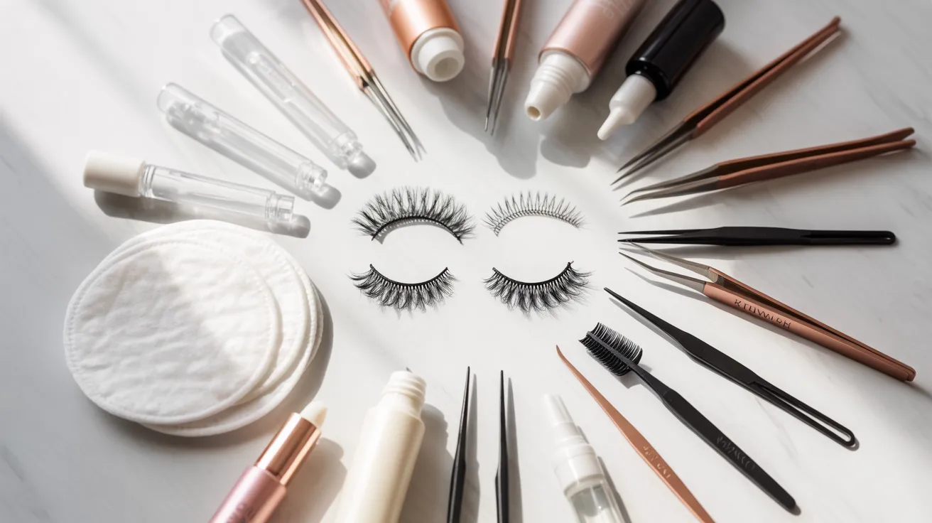 A flat lay of eyelash extensions tools on a white surface, featuring false lashes, tweezers, applicators, and bottles, arranged in a circular pattern.