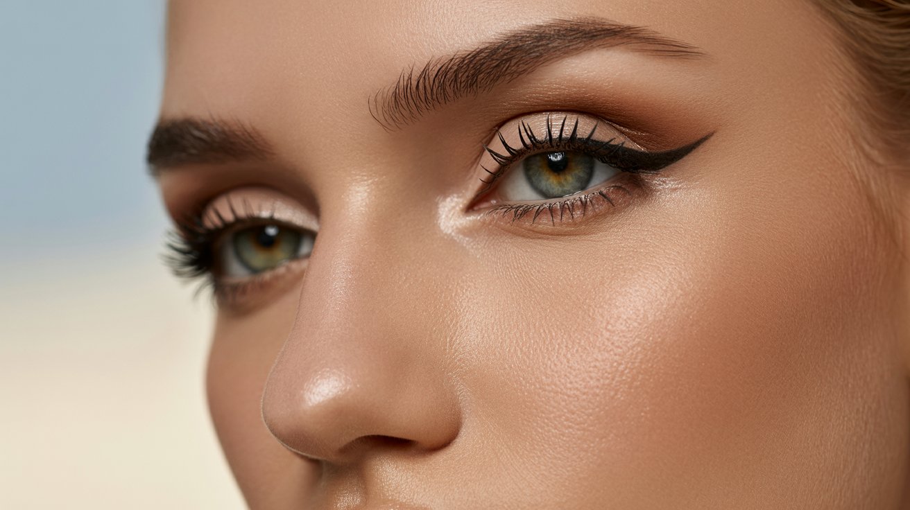 A woman with long eyelashes gazes, showcasing her striking bright green eye.