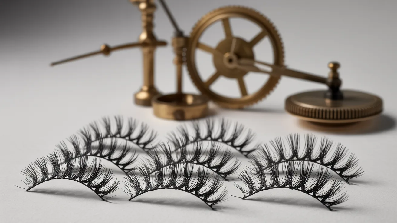 Six pairs of false eyelashes are arranged in two neat rows on a flat surface. Behind them, there are brass mechanical gears, creating a steampunk vibe.