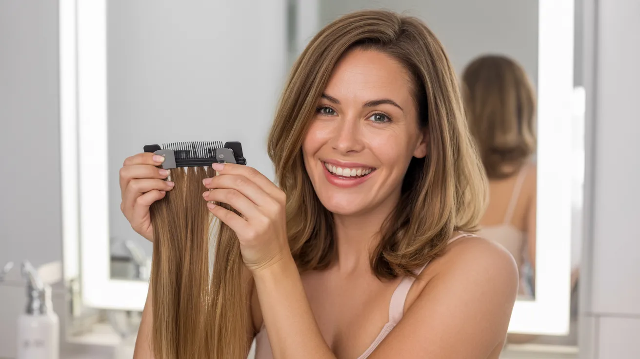 A smiling woman holds her hair extensions, showcasing their length and style with enthusiasm.