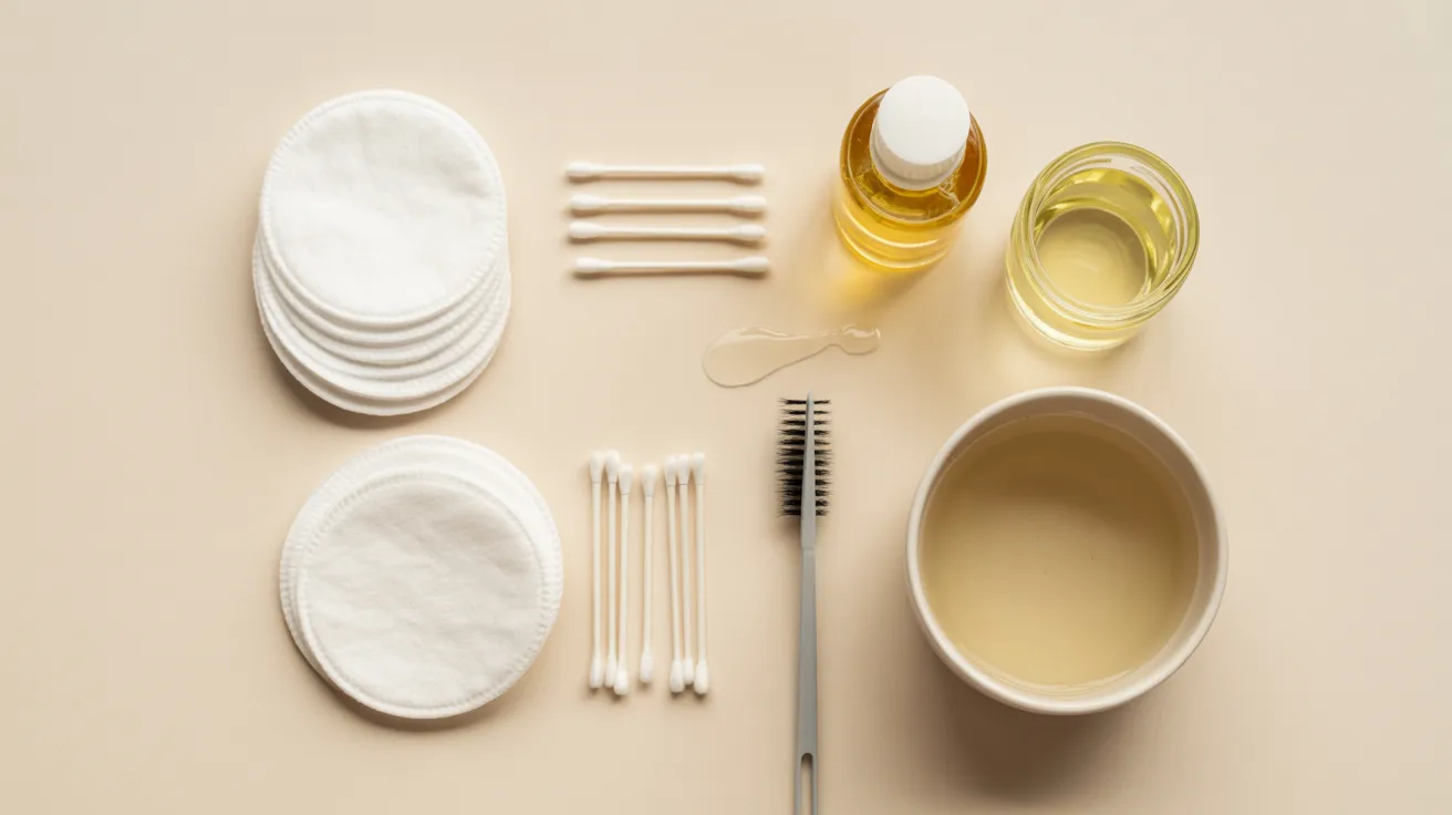 A bowl containing cotton pads, a brush, and a bottle of oil arranged neatly for skincare or beauty application.